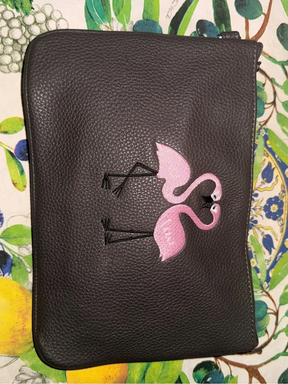 Thirty-One | Leather Clutch with Pink Flamingo Embroidery